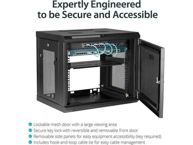 StarTech 2-Post 9U Wall Mount Network Cabinet, 19" Wall-Mounted Server Rack for Data / IT Equipment, Small Lockable Rack Enclosure