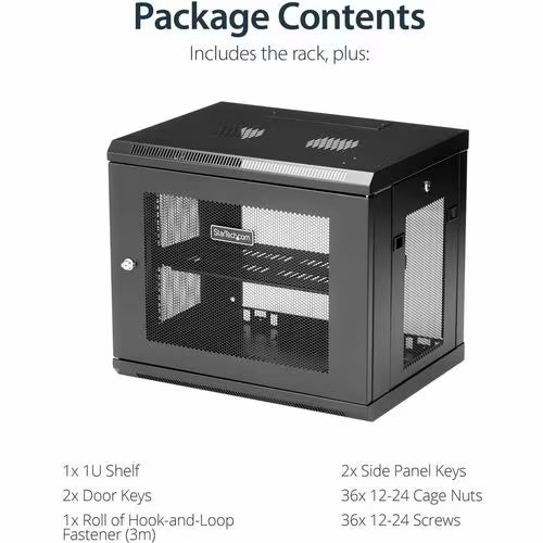 StarTech 2-Post 9U Wall Mount Network Cabinet, 19" Wall-Mounted Server Rack for Data / IT Equipment, Small Lockable Rack Enclosure