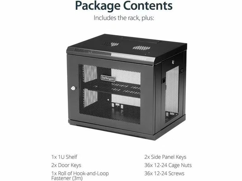 StarTech 2-Post 9U Wall Mount Network Cabinet, 19" Wall-Mounted Server Rack for Data / IT Equipment, Small Lockable Rack Enclosure