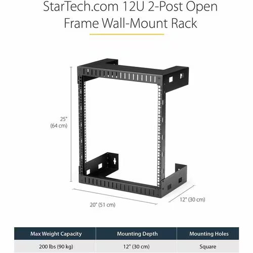 StarTech 2-Post 12U Heavy-Duty Wall-Mount Network Rack, 19" Open Frame Server Rack for Computer Equipment, Wall Mount Data Rack