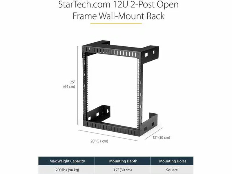 StarTech 2-Post 12U Heavy-Duty Wall-Mount Network Rack, 19" Open Frame Server Rack for Computer Equipment, Wall Mount Data Rack
