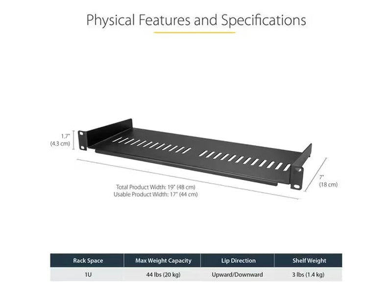 StarTech 1U Vented Server Rack Cabinet Shelf - Fixed 7in Deep Cantilever Rackmount Tray for 19" Data/AV/Network Enclosure w/Cage Nuts