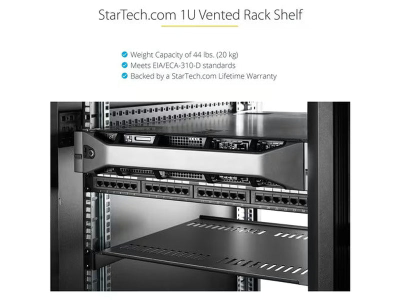 StarTech 1U Vented Server Rack Cabinet Shelf - Fixed 7in Deep Cantilever Rackmount Tray for 19" Data/AV/Network Enclosure w/Cage Nuts