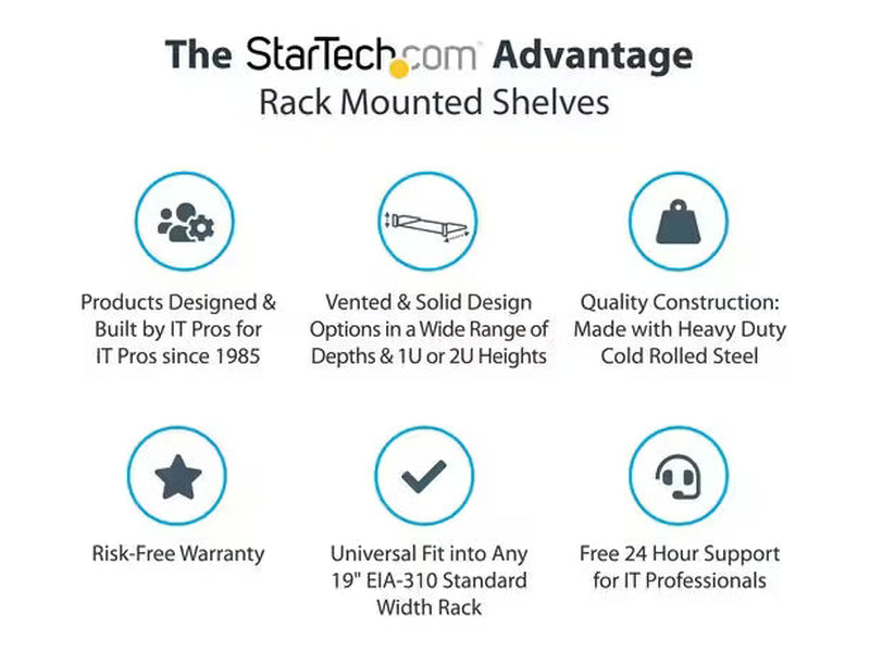 StarTech 1U Vented Server Rack Cabinet Shelf - Fixed 7in Deep Cantilever Rackmount Tray for 19" Data/AV/Network Enclosure w/Cage Nuts