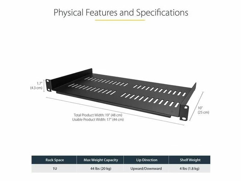 StarTech 1U Vented Server Rack Cabinet Shelf - Fixed 10in Deep Cantilever Rackmount Tray for 19" Data/AV/Network Enclosure w/Cage Nuts