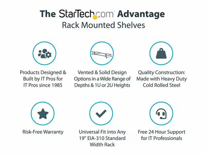 StarTech 1U Vented Server Rack Cabinet Shelf - Fixed 10in Deep Cantilever Rackmount Tray for 19" Data/AV/Network Enclosure w/Cage Nuts