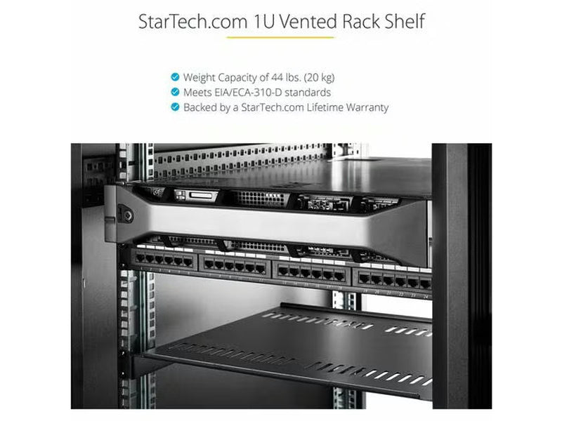 StarTech 1U Vented Server Rack Cabinet Shelf - Fixed 10in Deep Cantilever Rackmount Tray for 19" Data/AV/Network Enclosure w/Cage Nuts