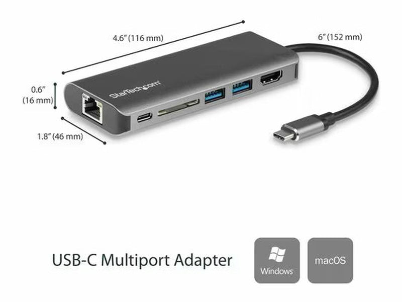 StarTech USB C Multiport Adapter - Portable USB Type-C Travel Dock - 4K HDMI, USB Hub, SD, GbE, 100W PD PassThrough