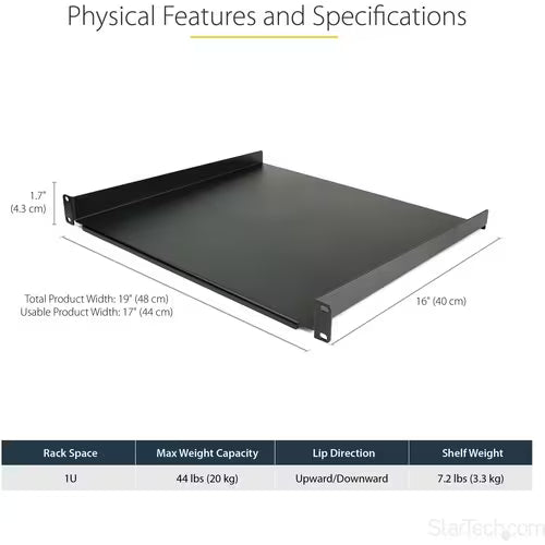 StarTech 1U Server Rack Cabinet Shelf - Fixed 16" Deep Cantilever Rackmount Tray for 19" Data/AV/Network Enclosure w/cage nuts, screws