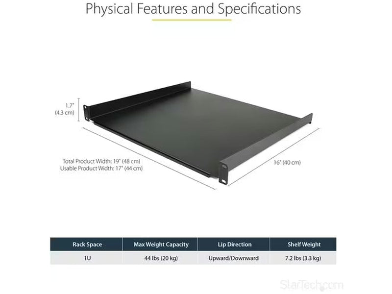 StarTech 1U Server Rack Cabinet Shelf - Fixed 16" Deep Cantilever Rackmount Tray for 19" Data/AV/Network Enclosure w/cage nuts, screws