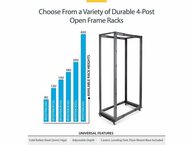 StarTech 8U 19" Open Frame Server Rack - Compact, 4 Post, Adjustable Depth 22 to 40" - Mobile Network Rack, HP ProLiant ThinkServer