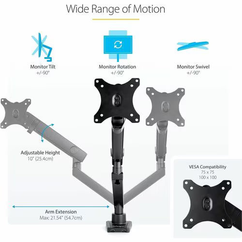 StarTech Desk Mount Monitor Arm with 2x USB 3.0 ports, up to 34" 17.6lb/8kg VESA Display