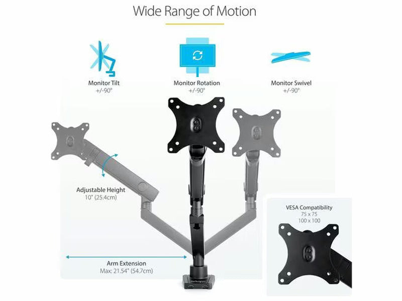 StarTech Desk Mount Monitor Arm with 2x USB 3.0 ports, up to 34" 17.6lb/8kg VESA Display