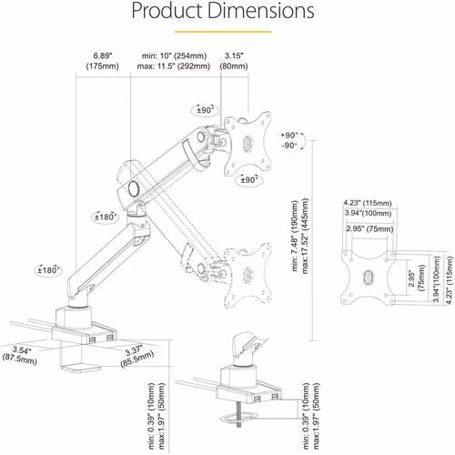StarTech Desk Mount Monitor Arm with 2x USB 3.0 ports, up to 34" 17.6lb/8kg VESA Display