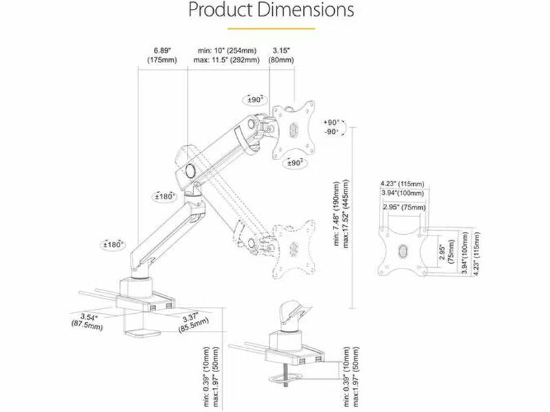 StarTech Desk Mount Monitor Arm with 2x USB 3.0 ports, up to 34" 17.6lb/8kg VESA Display