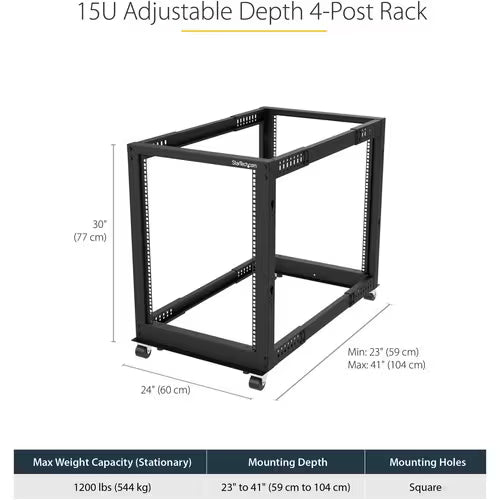 StarTech -Post 15U Mobile Open Frame Server Rack, 19" Network Rack with Casters