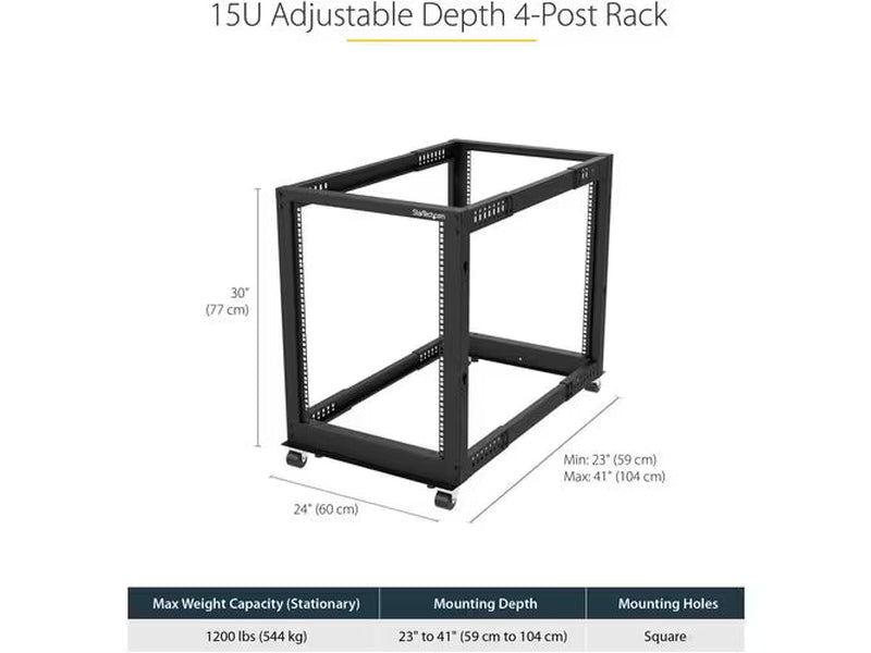 StarTech -Post 15U Mobile Open Frame Server Rack, 19" Network Rack with Casters