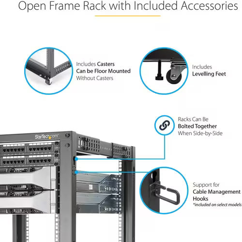 StarTech -Post 15U Mobile Open Frame Server Rack, 19" Network Rack with Casters