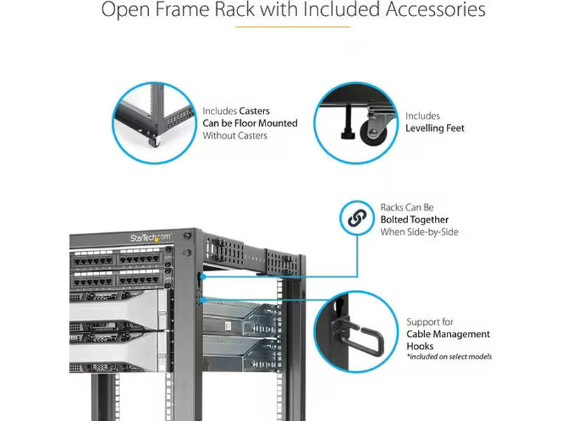 StarTech -Post 15U Mobile Open Frame Server Rack, 19" Network Rack with Casters