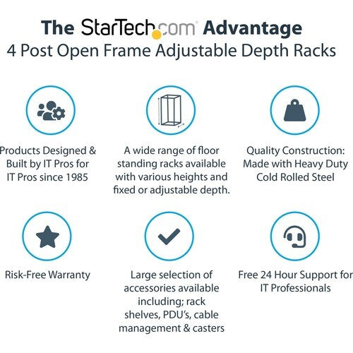 StarTech -Post 15U Mobile Open Frame Server Rack, 19" Network Rack with Casters