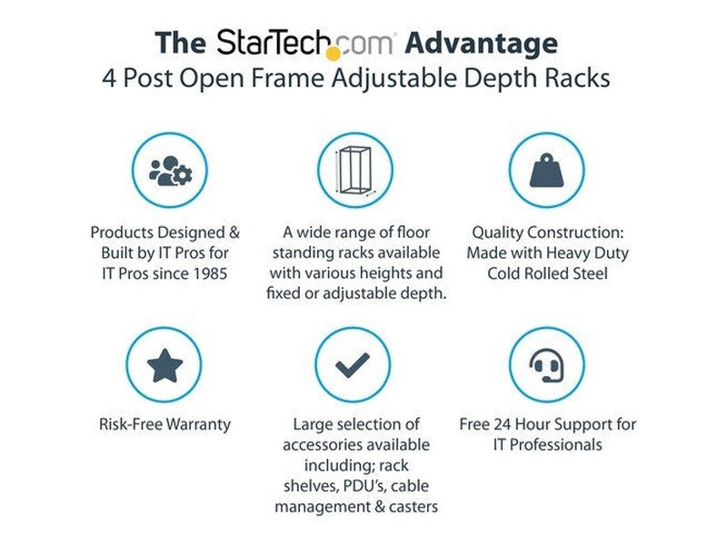 StarTech -Post 15U Mobile Open Frame Server Rack, 19" Network Rack with Casters