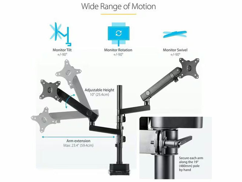 StarTech Desk Mount Dual Monitor Arm, Full Motion Monitor Mount for 2x VESA Displays up to 32" 17.6lb/8kg