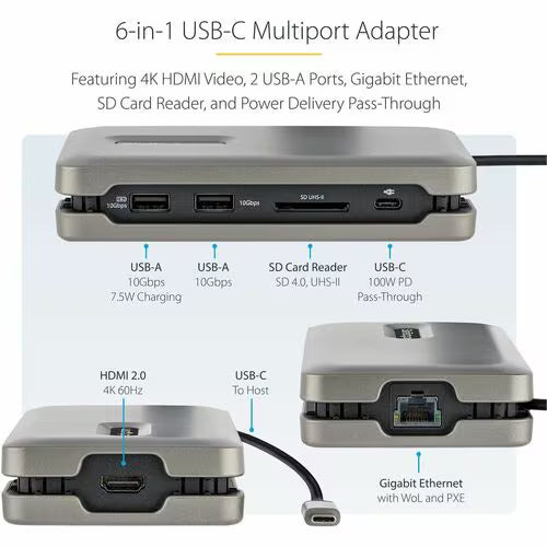 StarTech USB C Multiport Adapter, USB C to 4K 60Hz HDMI 2.0, 2-Port 10Gbps USB Hub