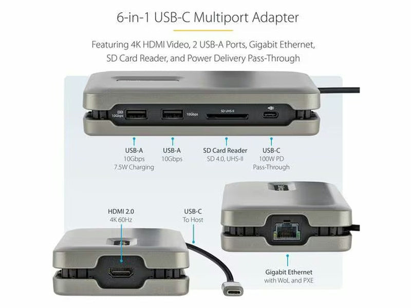 StarTech USB C Multiport Adapter, USB C to 4K 60Hz HDMI 2.0, 2-Port 10Gbps USB Hub