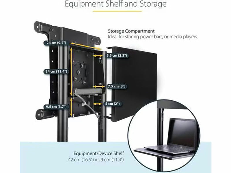 StarTech Mobile TV Cart, Portable Rolling TV Stand, 37-70 inch VESA Display Mount 154lb/70kg , Shelf & Storage, Rotate/Tilt Display