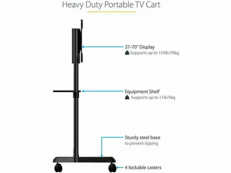 StarTech Mobile TV Cart, Portable Rolling TV Stand, 37-70 inch VESA Display Mount 154lb/70kg , Shelf & Storage, Rotate/Tilt Display