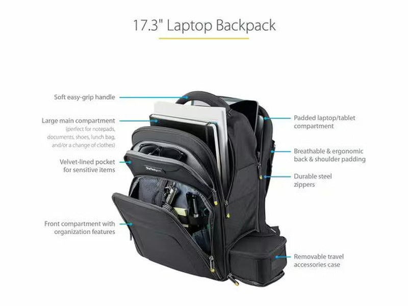 StarTech 17.3" Laptop Backpack w/ Removable Accessory Case, Professional IT Tech Backpack for Work/Travel/Commute