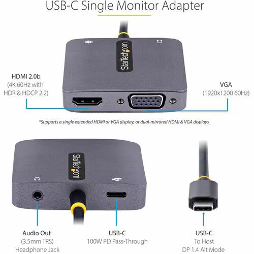 StarTech USB C Video Adapter, USB C to HDMI VGA Multiport Adapter, 3.5mm Audio Output, 4K 60Hz HDR, 100W PD 3.0, USB C Display Adapter