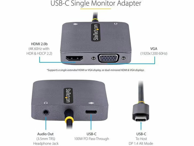 StarTech USB C Video Adapter, USB C to HDMI VGA Multiport Adapter, 3.5mm Audio Output, 4K 60Hz HDR, 100W PD 3.0, USB C Display Adapter