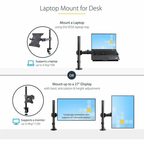 StarTech Monitor and Laptop Arm Mount, Displays up to 34" (17.6lb/8kg), VESA Laptop Tray Arm, Clamp / Grommet