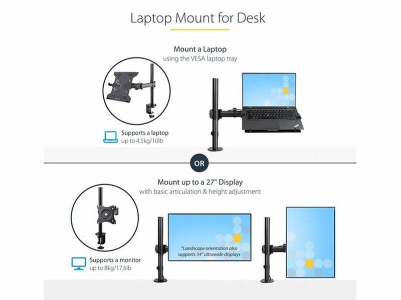 StarTech Monitor and Laptop Arm Mount, Displays up to 34" 17.6lb/8kg , VESA Laptop Tray Arm, Clamp / Grommet