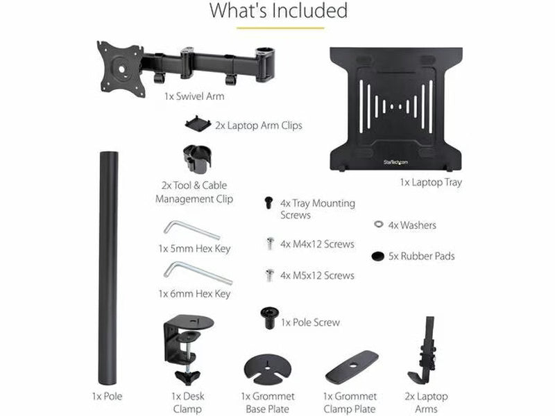 StarTech Monitor and Laptop Arm Mount, Displays up to 34" 17.6lb/8kg , VESA Laptop Tray Arm, Clamp / Grommet