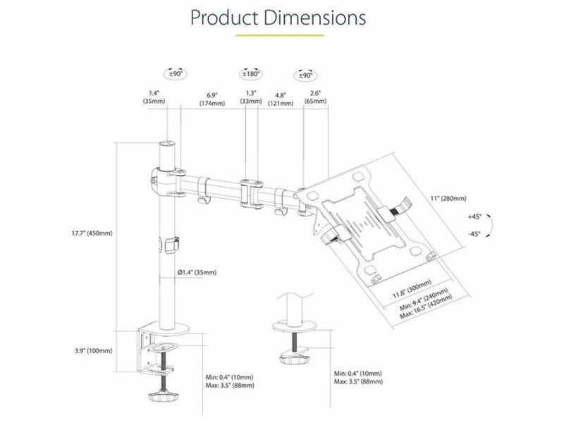 StarTech Monitor and Laptop Arm Mount, Displays up to 34" 17.6lb/8kg , VESA Laptop Tray Arm, Clamp / Grommet