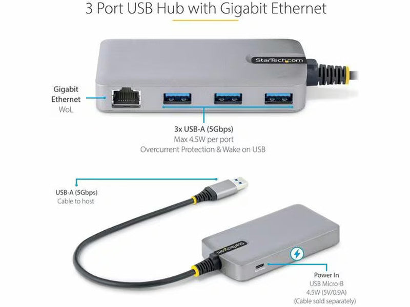 StarTech 3-Port USB Hub with Ethernet, USB-A Ports, Gigabit Ethernet/GbE, 5Gbps, 1ft/30cm Cable, Portable Laptop USB Hub