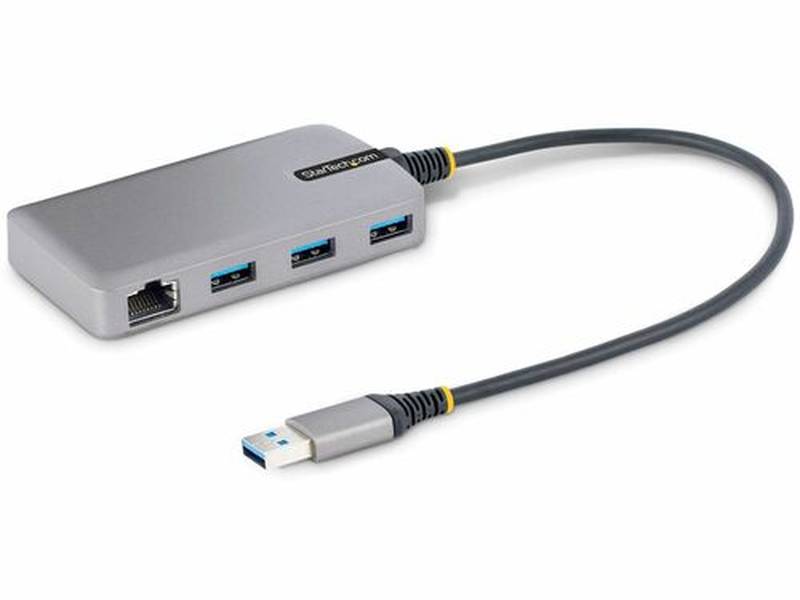 StarTech 3-Port USB Hub with Ethernet, USB-A Ports, Gigabit Ethernet/GbE, 5Gbps, 1ft/30cm Cable, Portable Laptop USB Hub