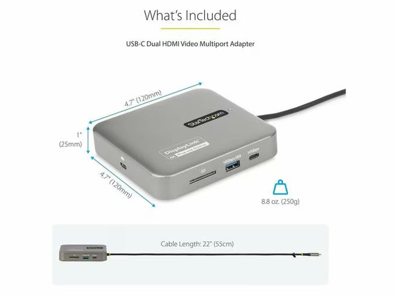 StarTech USB-C Multiport Adapter, Dual HDMI Video, 4K 60Hz, 2-Port USB-A/USB-C 10Gbps Hub, 100W PD, GbE, SD, 22" 56cm Cable