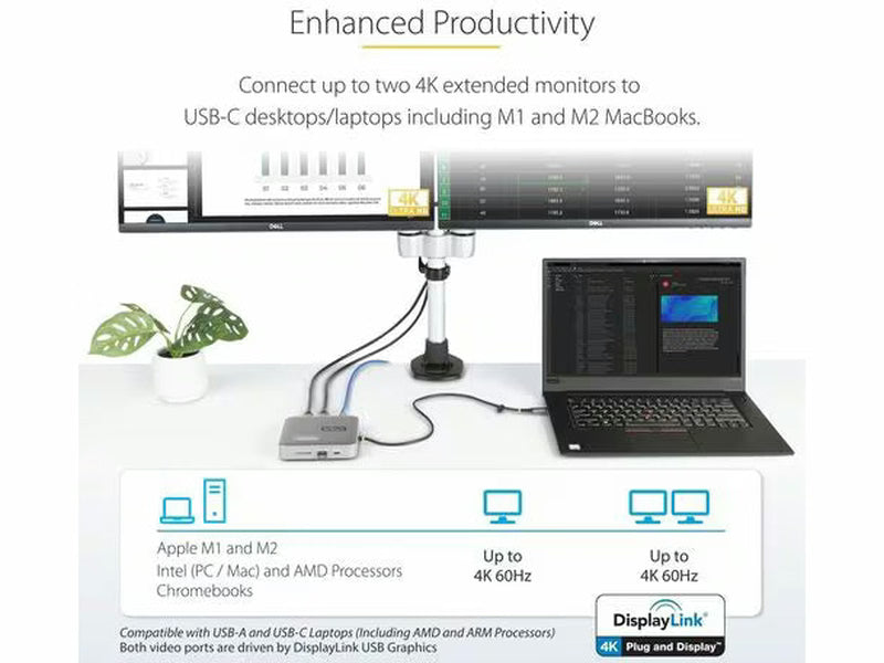 StarTech USB-C Multiport Adapter, Dual HDMI Video, 4K 60Hz, 2-Port USB-A/USB-C 10Gbps Hub, 100W PD, GbE, SD, 22" 56cm Cable