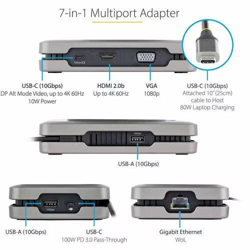 StarTech USB-C Multiport Adapter w/USB-C DP Alt Mode Video/4K HDMI/VGA, USB-C Dual Monitor Docking Station, Type C Mini Dock/MST Hub