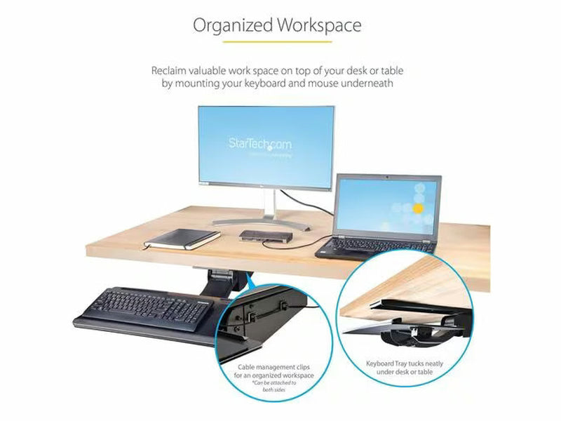 StarTech Under Desk Keyboard Tray, Height Adjustable Keyboard and Mouse Tray 10" x 26" , Ergonomic Computer Keyboard Tray w/Mouse Pad