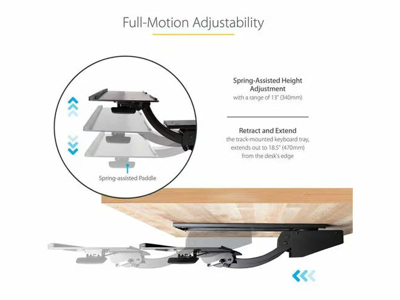 StarTech Under Desk Keyboard Tray, Height Adjustable Keyboard and Mouse Tray 10" x 26" , Ergonomic Computer Keyboard Tray w/Mouse Pad