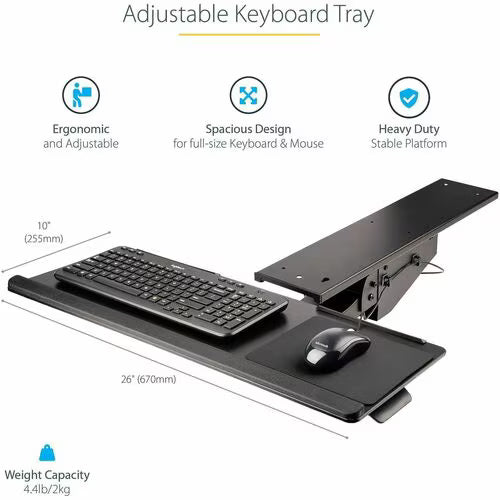 StarTech Under Desk Keyboard Tray, Height Adjustable Keyboard and Mouse Tray (10" x 26"), Ergonomic Computer Keyboard Tray w/Mouse Pad
