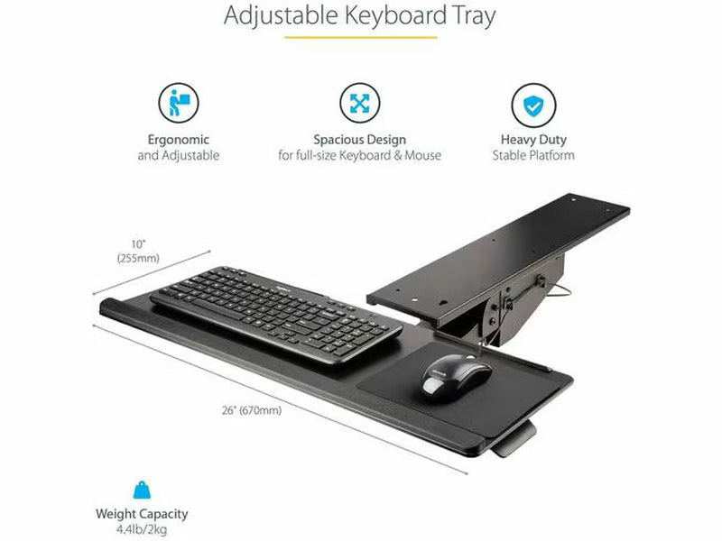 StarTech Under Desk Keyboard Tray, Height Adjustable Keyboard and Mouse Tray 10" x 26" , Ergonomic Computer Keyboard Tray w/Mouse Pad