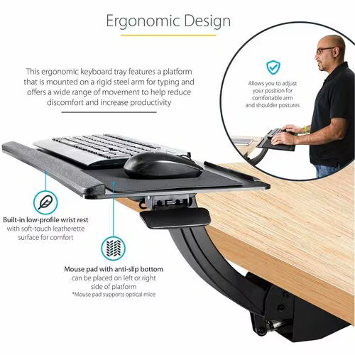 StarTech Under Desk Keyboard Tray, Height Adjustable Keyboard and Mouse Tray (10" x 26"), Ergonomic Computer Keyboard Tray w/Mouse Pad