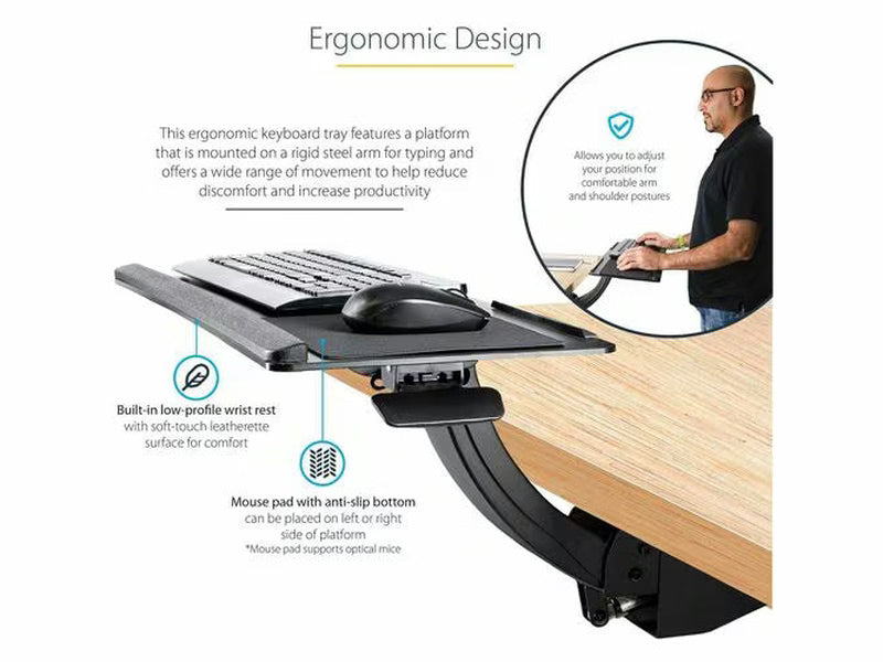 StarTech Under Desk Keyboard Tray, Height Adjustable Keyboard and Mouse Tray 10" x 26" , Ergonomic Computer Keyboard Tray w/Mouse Pad