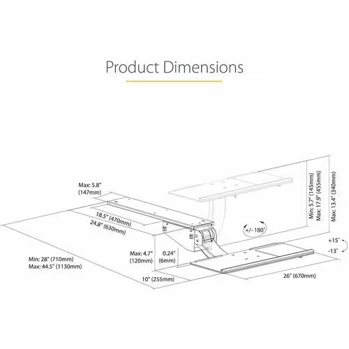 StarTech Under Desk Keyboard Tray, Height Adjustable Keyboard and Mouse Tray (10" x 26"), Ergonomic Computer Keyboard Tray w/Mouse Pad