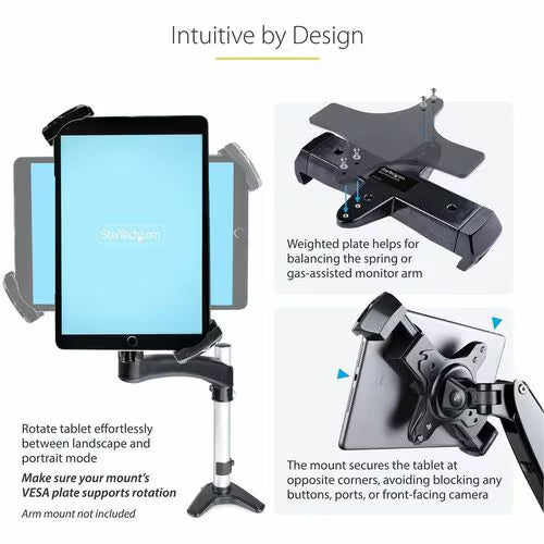 StarTech Mount Adapter for Tablets 7.9 to 12.5in, Up to 2kg /4.4lb, 75x75/100x100, Universal Anti-Theft Tablet VESA Mount Clamp